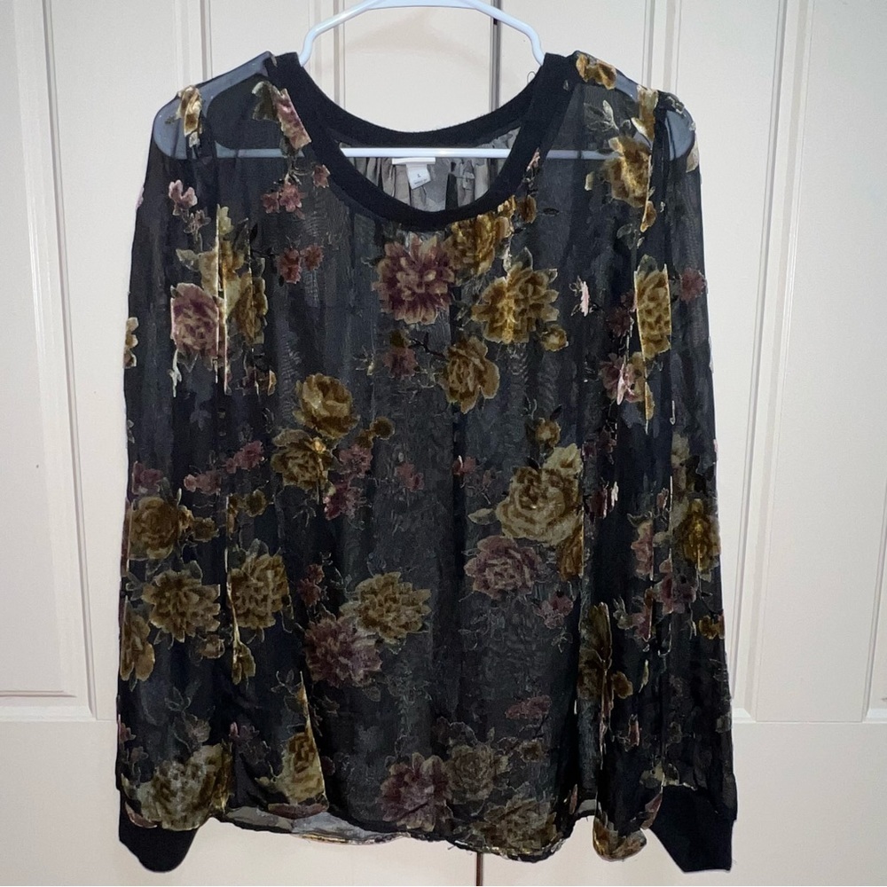 A New Day Sheer Velvet Floral Long Sleeve Blouse Size Large - Picture 9 of 9